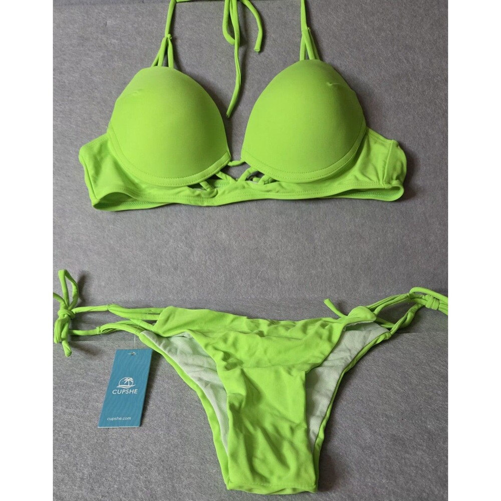 CUPSHE Women's Sz XL Neon Green Push Up Bikini Set Tie Side 2 Piece NWT